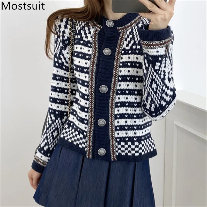 2024 Autumn Geometric Knitted Korean Cardigans Sweaters Women Long Sleeve Single-breasted Vintage Elegant Ladies Tops Cardigans