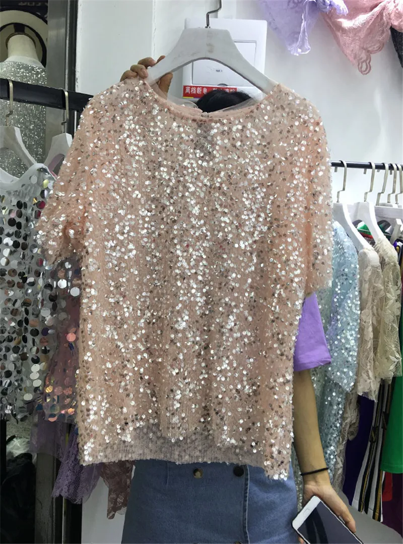 Womens Sequined Top Ins Super Fire Fashion Bling Shiny Round Neck Short-sleeved T-shirt Female Loose Thin Bling Glitter T-shirt