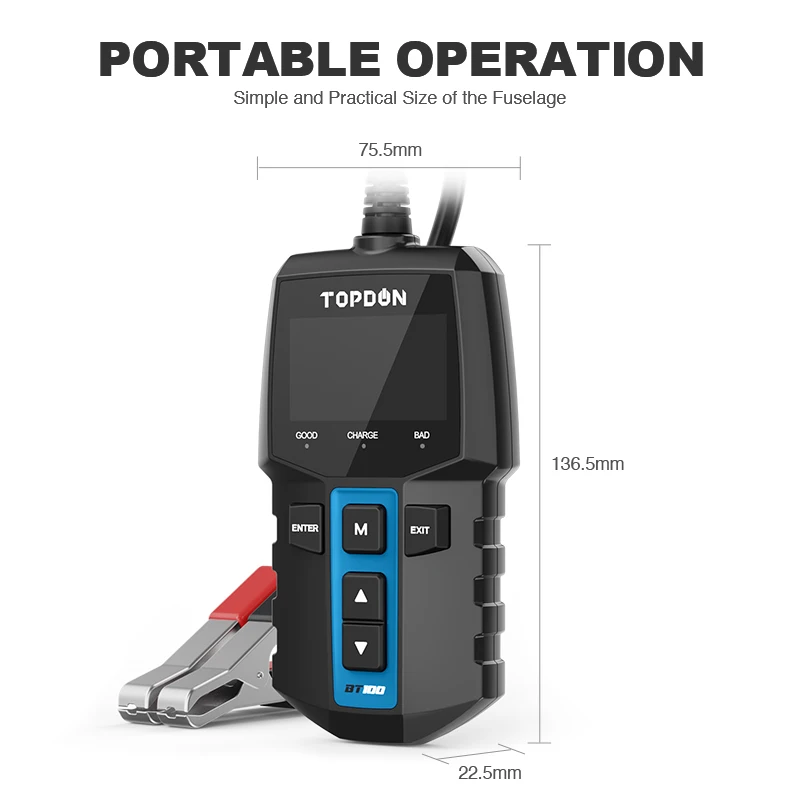 TOPDON BT100 12V Car Battery Tester Digital Automotive Diagnostic Battery Tester Analyzer Vehicle Cranking Charging Scanner Tool