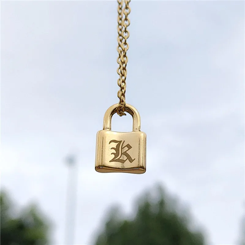 A-Z Alphabet Initial Padlock Necklace Stainless Steel Chain Collares Old English Letters Lock Pendant Necklaces Christmas Gifts
