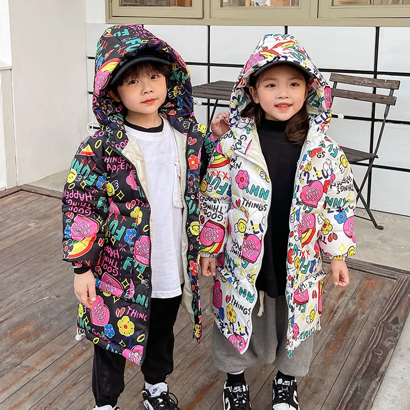 2022 new children\'s letter printed down jacket boys\' and girls\' medium and long cotton jacket baby wash free thickened warm jack