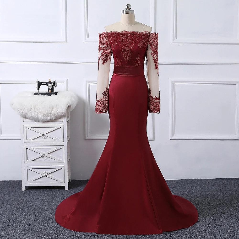 Off Shoulder burgundowe sukienki druhen z długim rękawem syrenka długie Maid of Honor tanie sukienki na przyjęcie