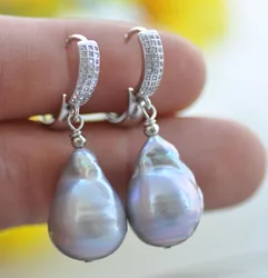 P7689 19mm Gray Baroque Keshi Pearl Dangle Earring CZ