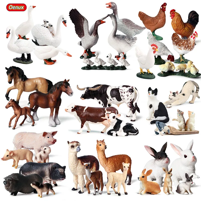 Oenux Lovely Farm Family Model Action Figures Farmer Cow Hen Horse Pig Poultry Animals Figurine Miniature Educational Kids Toy