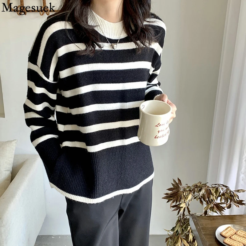 

Casual Loose Striped Sweater Knitted Pullover Women Autumn Winter O Neck Vintage Sweater Women Long Sleeve Top Pull Femme 17842