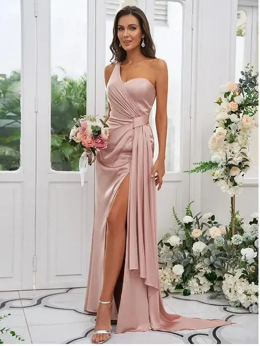 

Sheath/Column Women's Dress For Bridesmaids Ruched One-Shoulder Sleeveless Floor-Length Bridesmaid Dresses