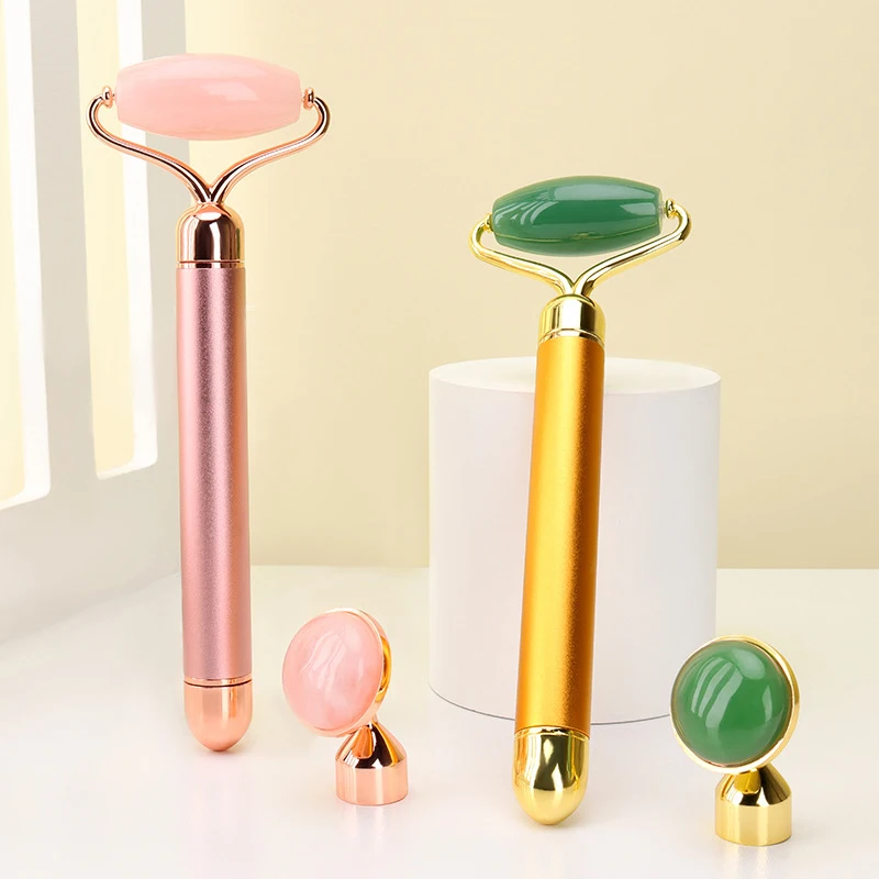 2 In 1 Electric Vibrating ธรรมชาติ Rose Quartz Jade Roller Face Lifting คริสตัลหินหยก Facial Roller เครื่องมือนวดความงาม