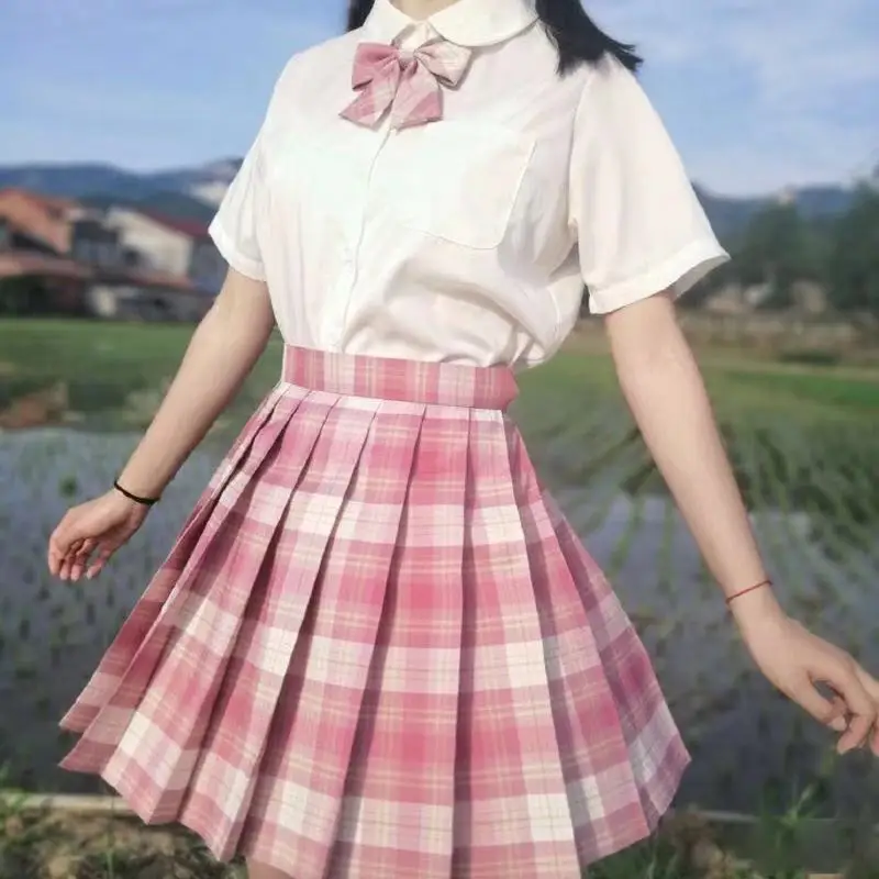 Japanischen Schule Plissee Röcke JK Uniformen Hohe Taille A-line Plaid Rock Sexy Für Schule Mädchen Uniform Frau 2021 Sommer Voller set