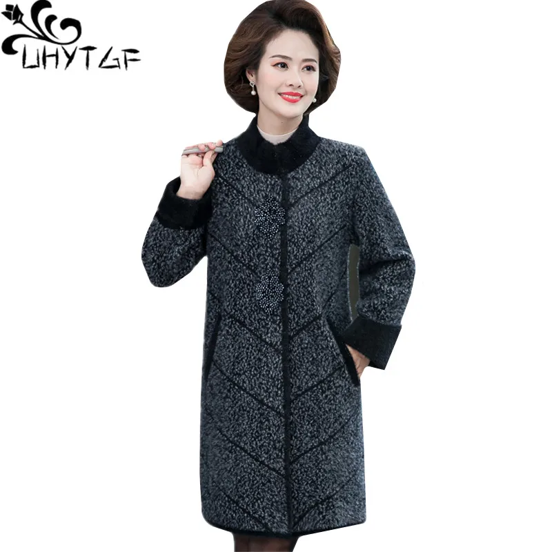 

UHYTGF Autumn Winter Coat Women Quality Mink Fleece Casual Female Woolen Jacket Mid-Length Loose 6XL Big Size Outerwear 1075