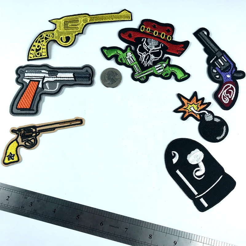 Bomb Cannon Human Skeleton Patches Iron On Cowboy Revolver Bullet Appliques Cartoon Back Rubber Embroidery Shoes Hats Badges