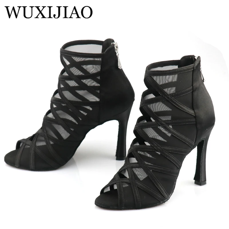 WUXIJIAO Ladies black mesh suede fashion cross strap sexy high heel sandals comfortable latin dance shoes salsa shoes