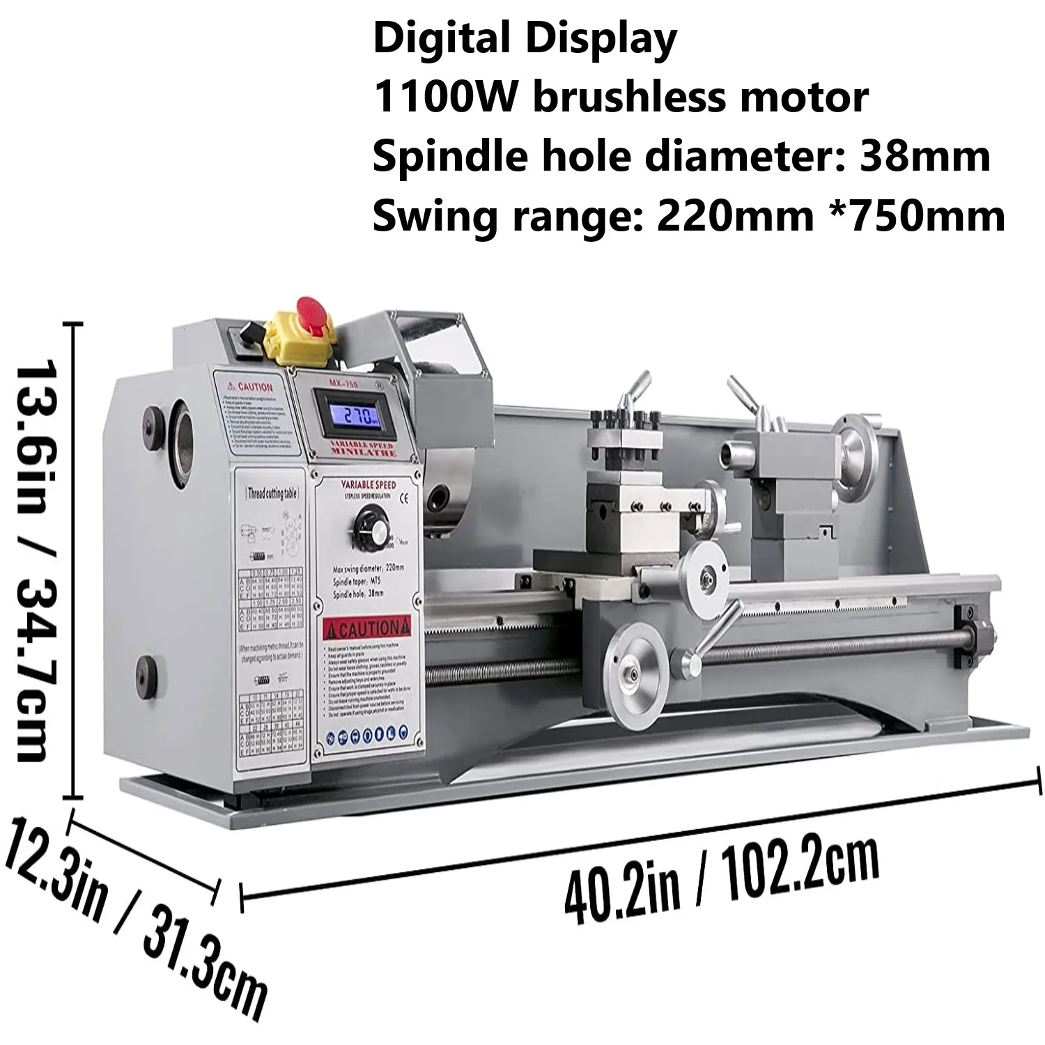 MX-750A Lathe Metal Brushless Motor 1100W Mini Lathe Machine Drilling Machine Wood Lathe Thread Cutting With 5Pcs LatheTool