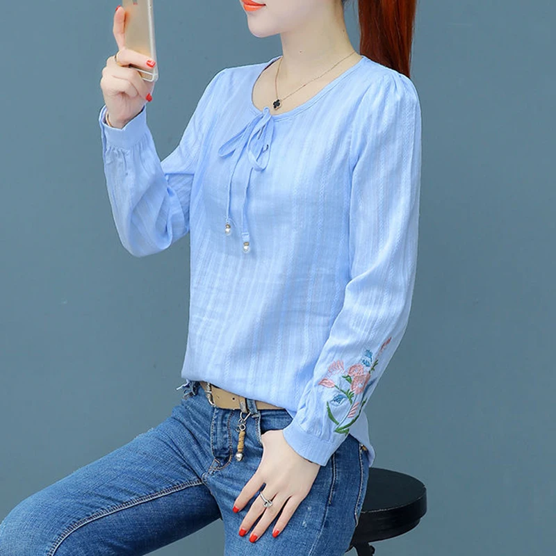 Camisa blanca de lino y algodón para mujer, blusa básica de manga larga con lazo frontal bordado, talla grande, 100%