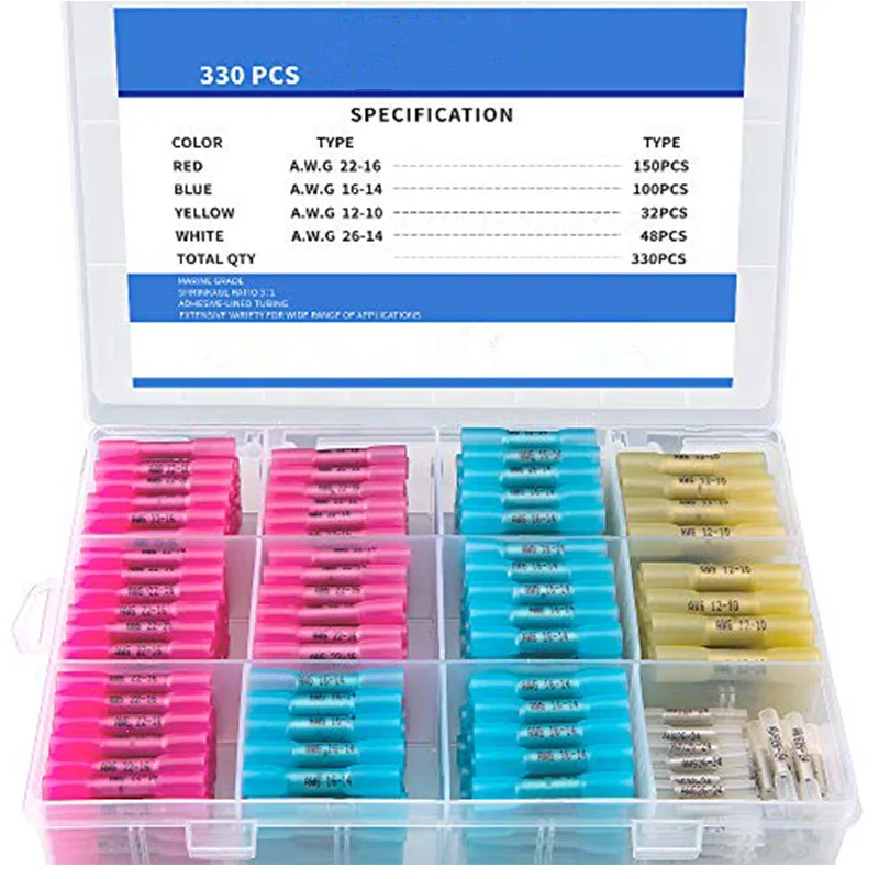 

330Pcs Thicken Heat Shrink Butt 4 Sizes Crimp Terminals Insulated Seal Electrical Wire Cable Butt Connectors For 26-10 AWG