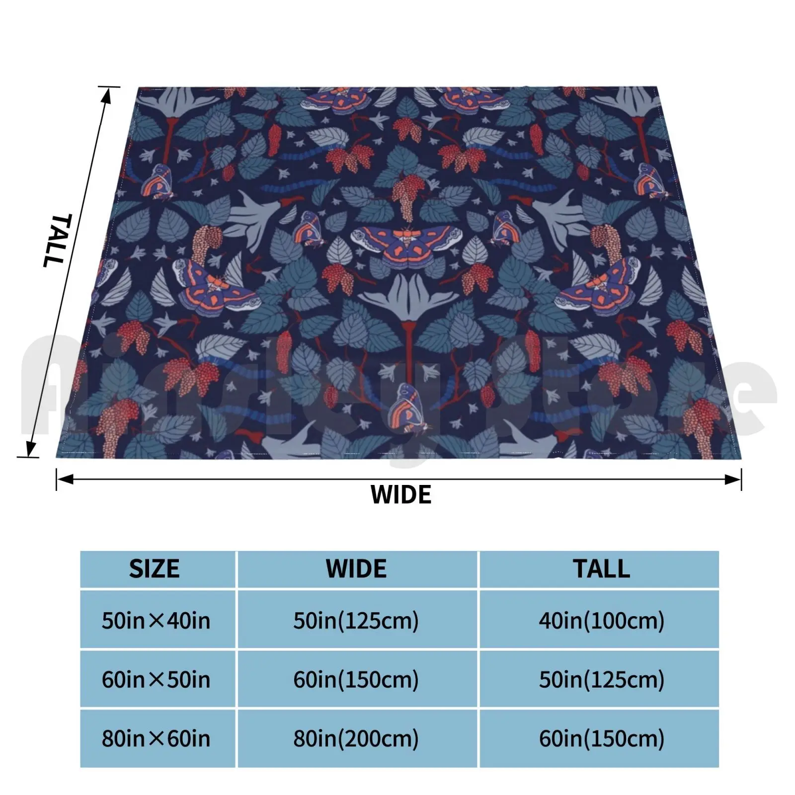 Moth Pattern | Royal Blanket Fashion Custom Moth Pattern Royal Blue Navy Blue Red Coral Leaves Flowers