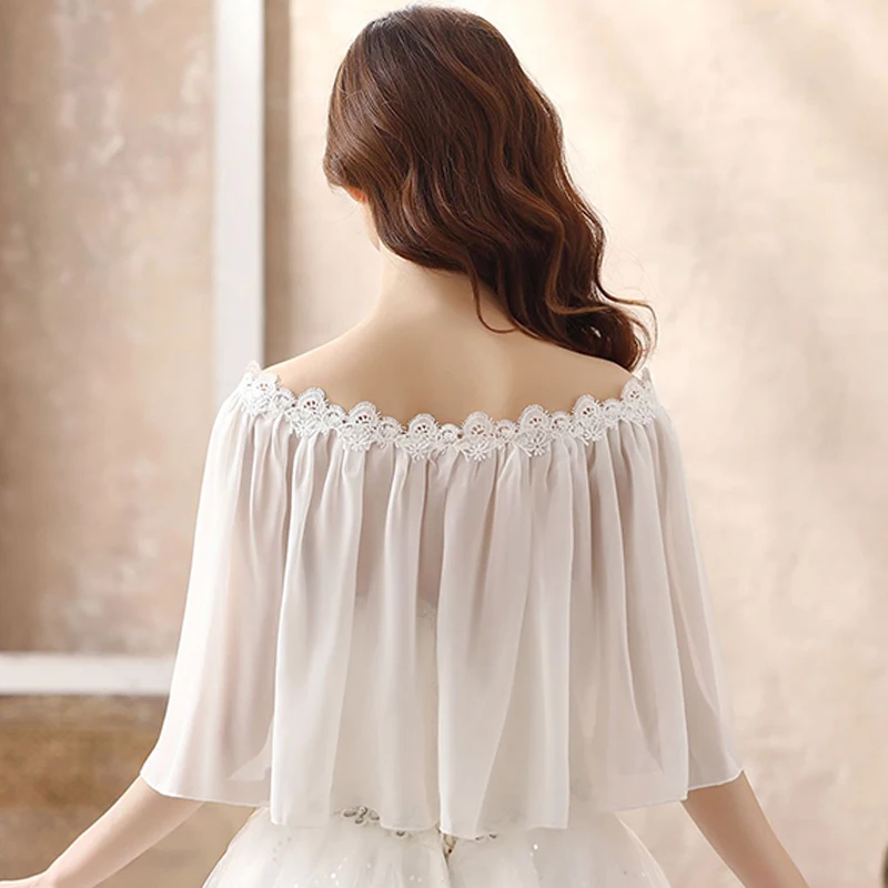 Women Summer Thin Shoulder Off Ruffle Wonderful Chiffon Shawl Lady Solid Soft Elegant Formal Applique Evening Wrap Ivory