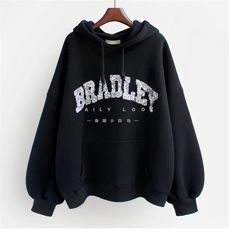 Phụ Nữ Mùa Đông Áo Hoodie Thời Trang Áo Đính Hạt Cườm Bông Tai Kẹp Chữ Bradley Chui Đầu Nữ Giữ Ấm Tím Casual Nữ Áo Mới