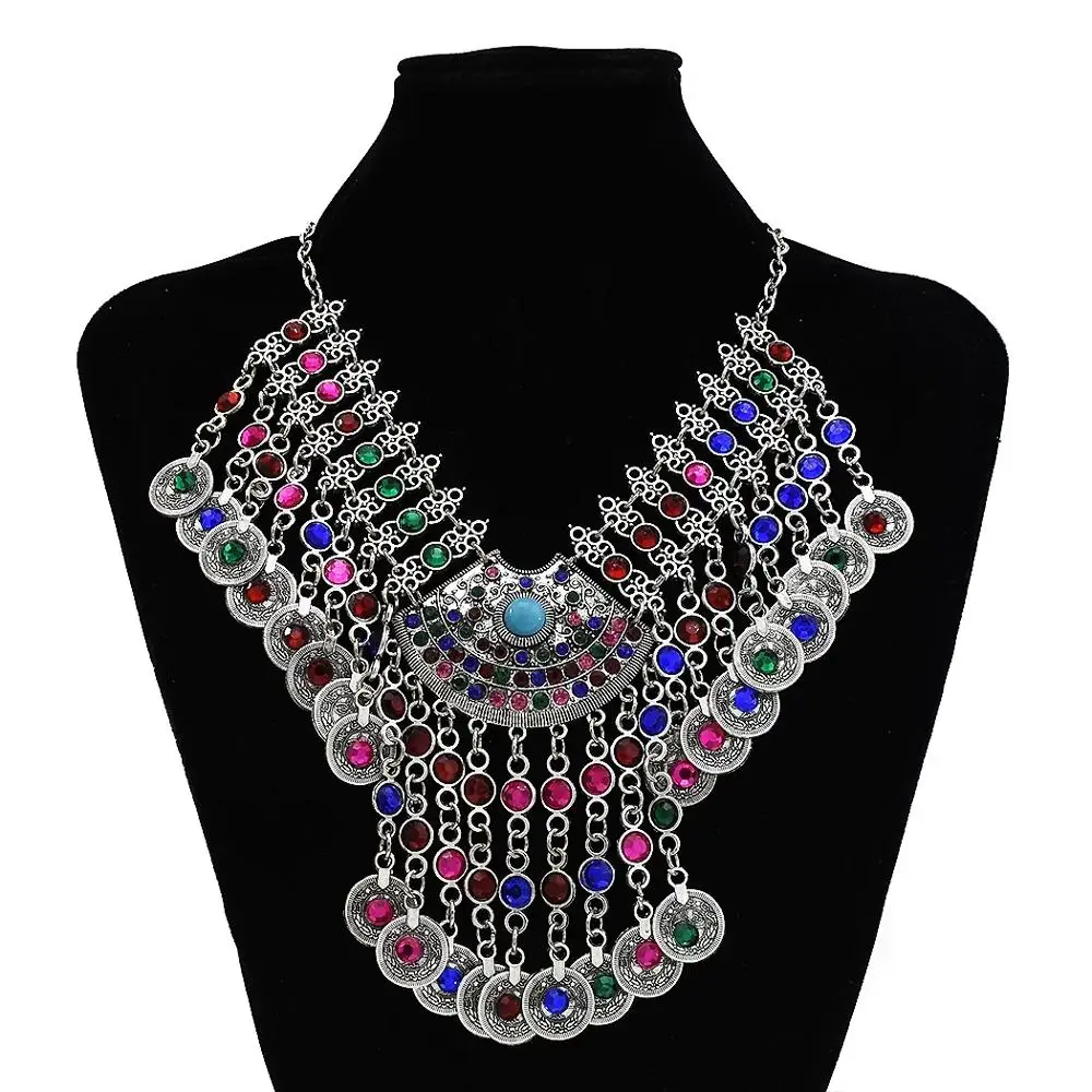 Afghan Silver Color Coin Tassel Bib Statement Necklace & Earring Sets for Women Turkish Gypsy Rhinestone Necklace Party Jewelry