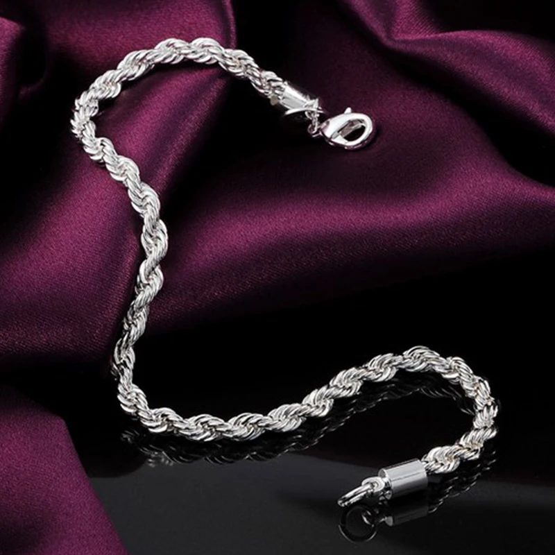 DOTEFFIL 925 Sterling Silver 4mm Water Wave Chain Bracelet For Women Man Wedding Engagement Party Fashion Jewelry