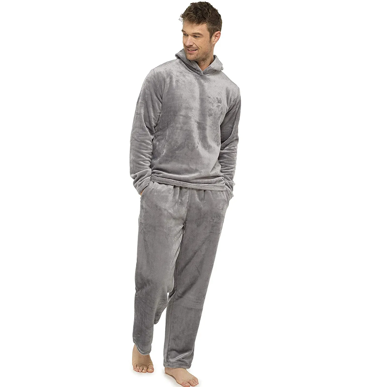 Men Plush Teddy Fleece Pajamas Winter Warm Pyjamas Overall Suits Sleepwear Daily Hooded Pajama Sets For Adult Men F4