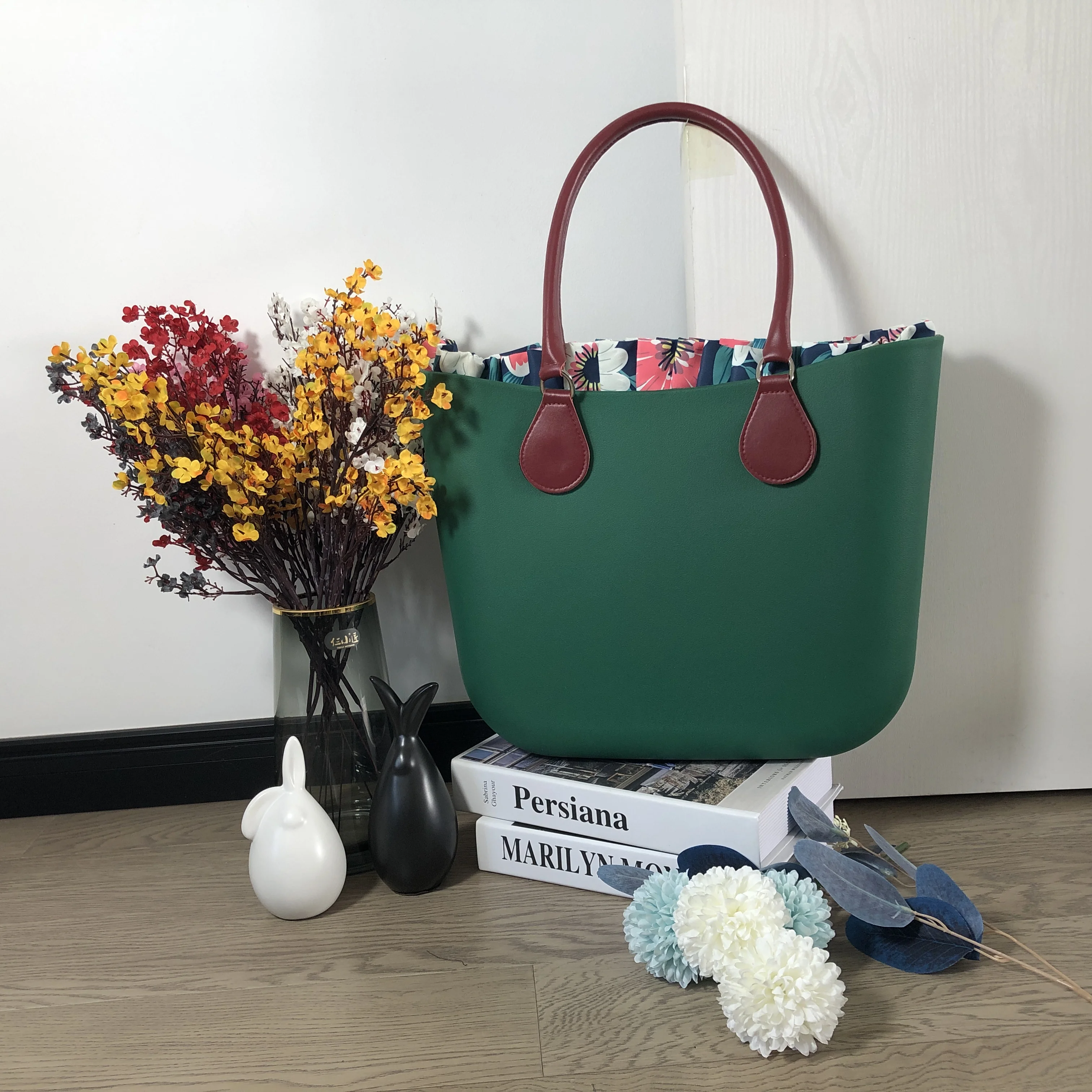 Women Bag Silicon Hand Bag Round Handle with Floral Border Lining Females Waterproof Beach O Bag Obag Style EVA Women Handbag