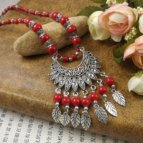 Bohemia Vintage Ethnic Leaf Red Stone Tassel Necklace For Women Gypsy Sliver Color Long Chain Necklace For Girls Tibetan Jewelry