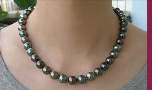 stunning AAA10- 11mm natural peacock green pearl necklace 20 inch