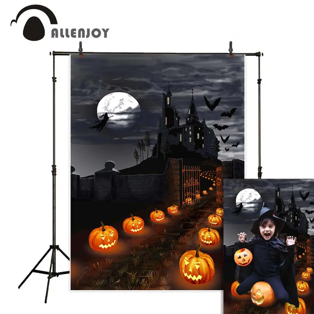 Allenjoy Halloween Backdrops Photophone Castle Witch Pumpkin Lamps Path Night Moon Photography Backgrounds for Kids Photocall