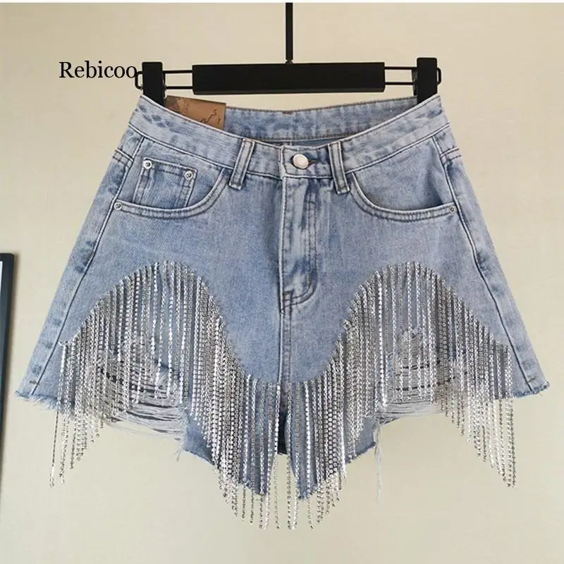 Rebicoo Summer European Style High Quality Diamond Tassels Denim Shorts Woman Fashion High Waist Jeans Shorts