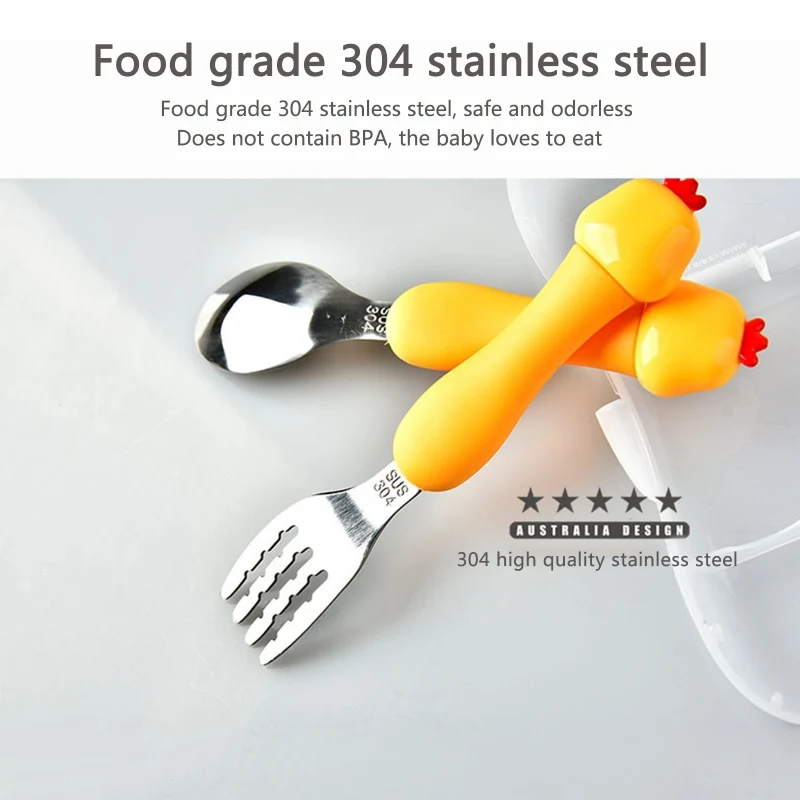 

Tableware Cartoon Kids Stainless Steel Spoon and Fork Set Baby Tableware Training Learning Feeding Scoop Fork 2 Pcs