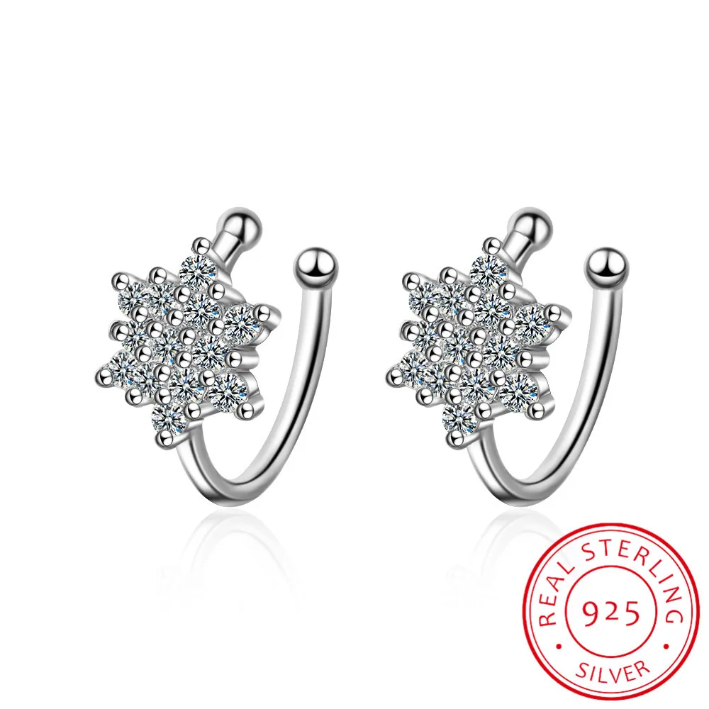 

Real 925 Silver New Design Beautiful Flower Ear Cuff Earring Women Delicate Cubic Zirconia No Pierced Ear Cuff Clip Fake Earring