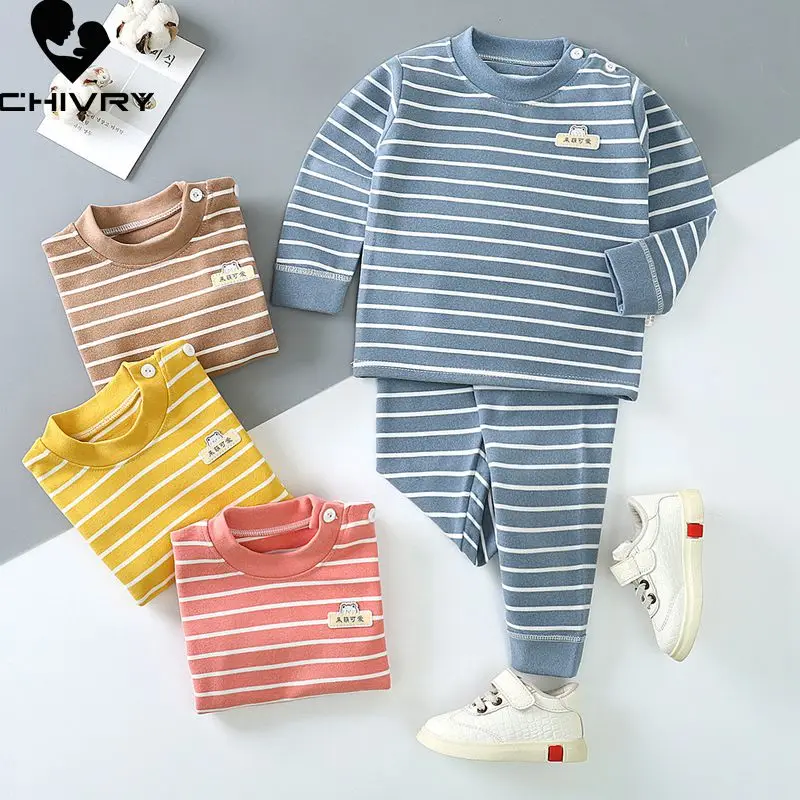 Conjunto de pijama a rayas para niños y niñas, camiseta de manga larga con cuello redondo y pantalones, ropa de dormir cálida para otoño, novedad de