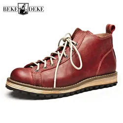 Vintage Mens Round Toe Genuine Leather Ankle Boots Lace Up Platform Work Safety Short Boots Man Fleece Lining High Top Shoes