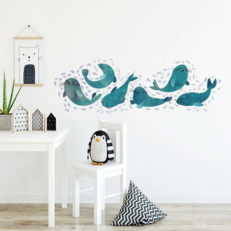Cute Sea Lion Combination Wall Sticker Living Room Bedroom Bathroom Bathtub Decoration Mural Art Decals Bathroom Glass Wallpaper