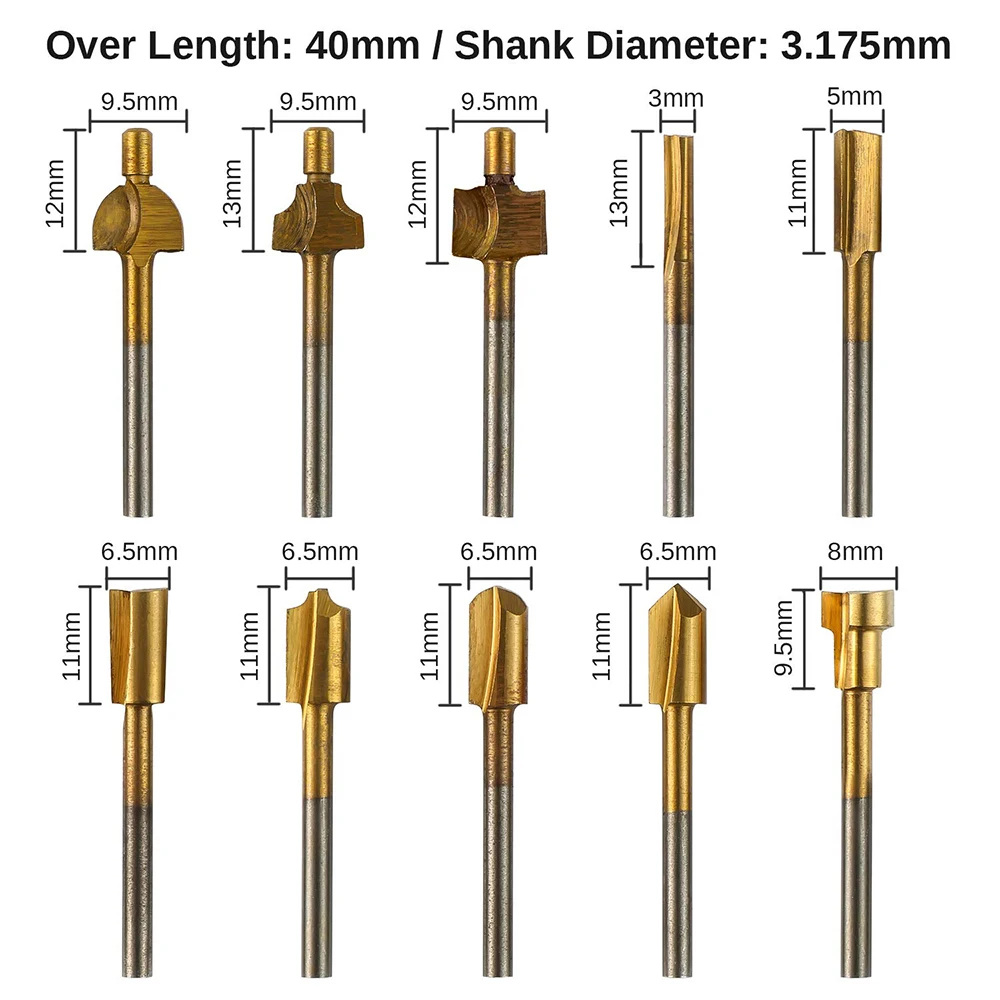Set di frese rotanti HSS con rivestimento in titanio da 10 pezzi gambo da 1/8 ", per la lavorazione del legno, foratura, intaglio del metallo, incisione, lucidatura, RR10A