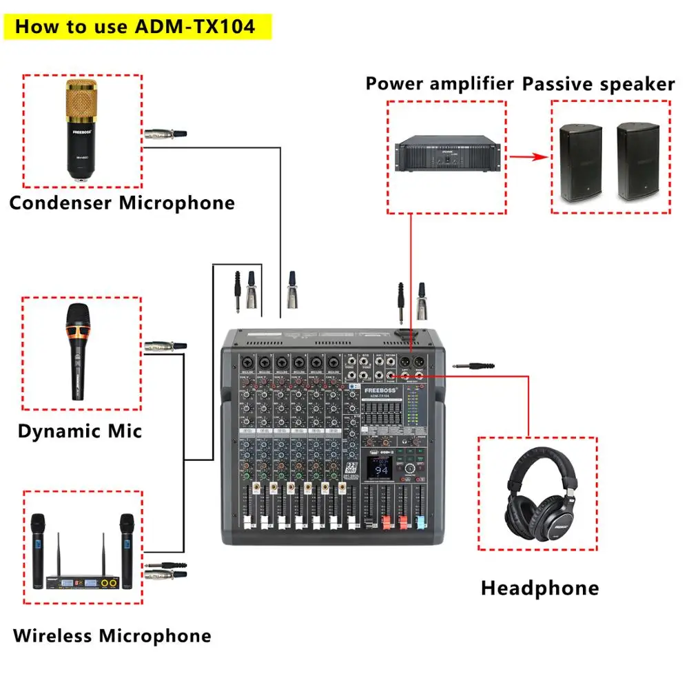 Freeboss ADM-TX104 10 Kanäle + 48V 7-Band Graphic EQ 99 DSP Effekte USB Spielen und Rekord 2 AUX Bluetooth Professioan Audio Mixer
