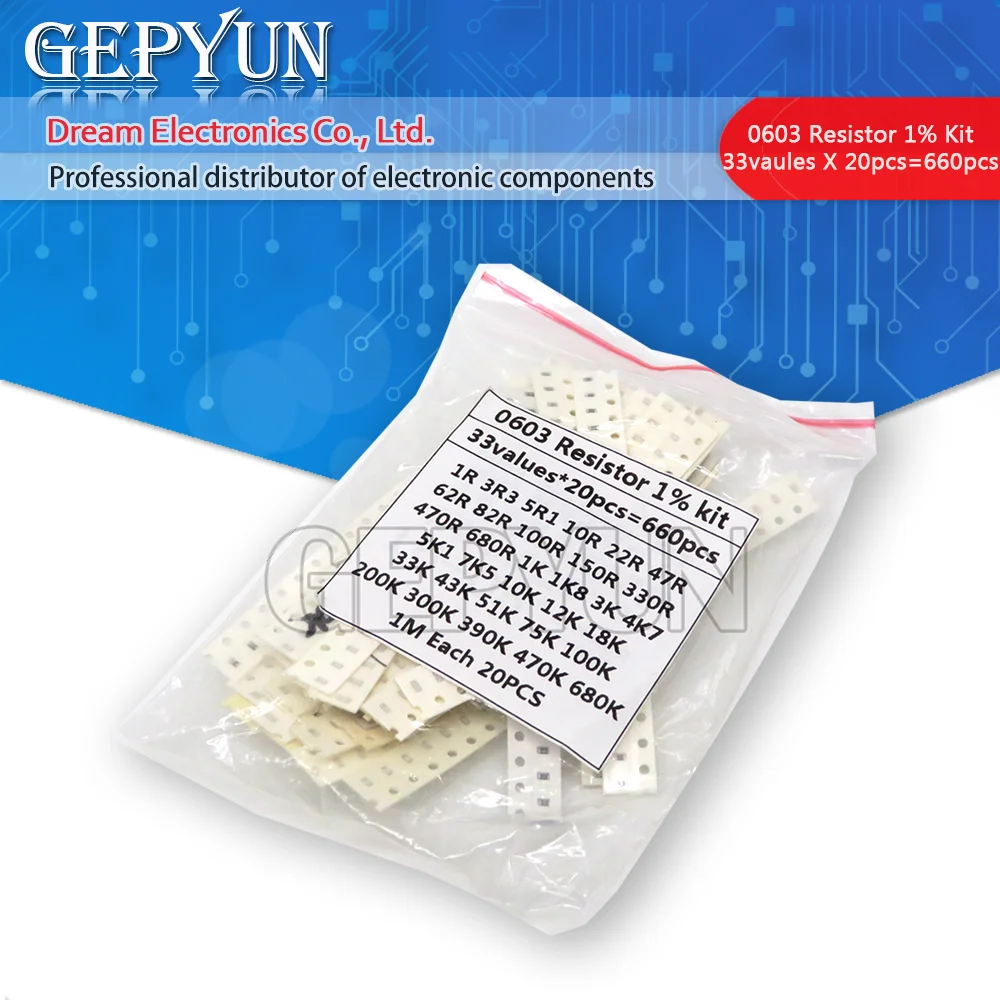 0603 SMD Widerstand Kit Assorted Kit 1ohm-1M ohm 1% 33valuesX 20PCS = 660PCS Probe Kit
