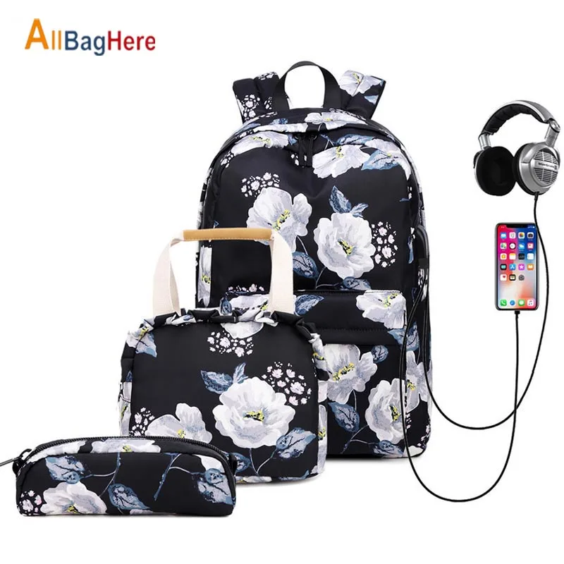 

Fashion Floral Girls Backpack Three-piece School Lightweight Bookbags Nylon Waterproof Teen School Bags Set Women Travel Daypack