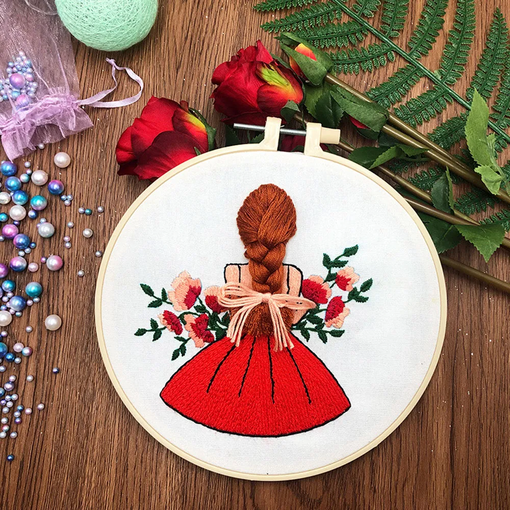 Embroidery Kit for Beginner Diy Kit Red Cute Girl Pattern Embroidery Set Handcraft Hobby And Needlework Sewing Hand Cross Stitch