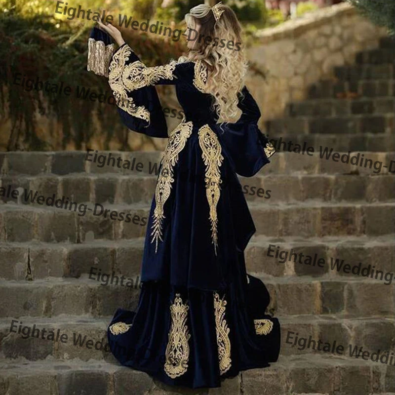 Eightale Morocco Kaftan Evening Dress with Detachable Skirt Two Pieces Long Sleeve Mermaid Velvet Prom Gown Arabic Party Dress