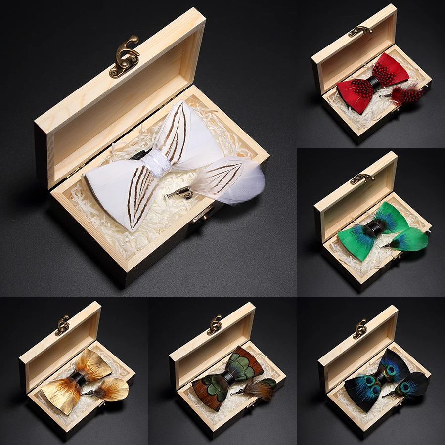 

GUSLESON Original New Design Natural Feather Bow tie Exquisite Hand Made Mens BowTie Brooch Pin Wooden Gift Box Set for Wedding