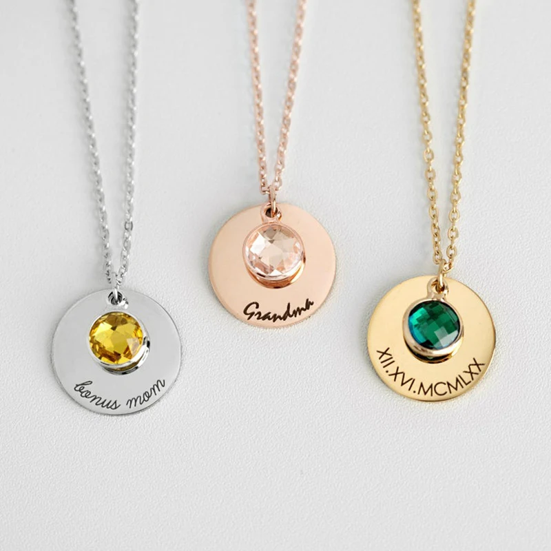 Colgante personalizado grabado con nombre de bebé, collar con piedra de nacimiento, piedras preciosas, regalo para el día de la madre, Ideas para