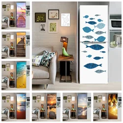 Abstract Fish Vinyl Self Adhesive Fridge Door Wrap Full Film Wallpaper Refrigerator Decoration Seaside Beach Landscape Sticker
