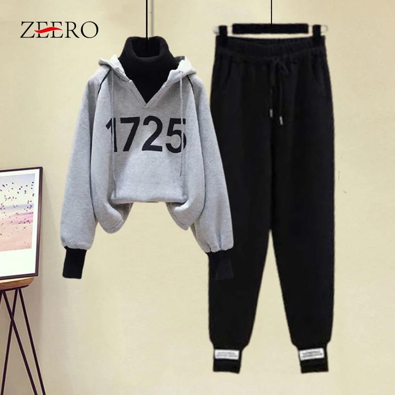 

Autumn Winter Casual Sportswear Set Female High Waist Loose Pants Two Piece Set Women Joggers Velvet Sweatshirt Suit