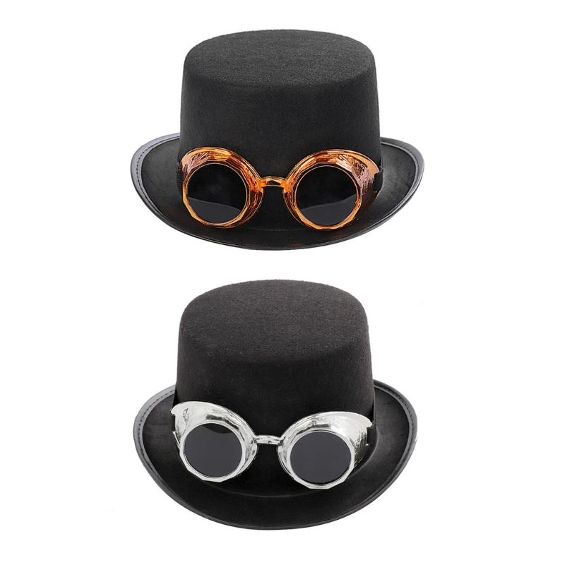 Victorian Steampunk Gothic Top Hat with Detachable Goggles Bowler Jazz Cap Halloween Cosplay Carnival Costume Accessory