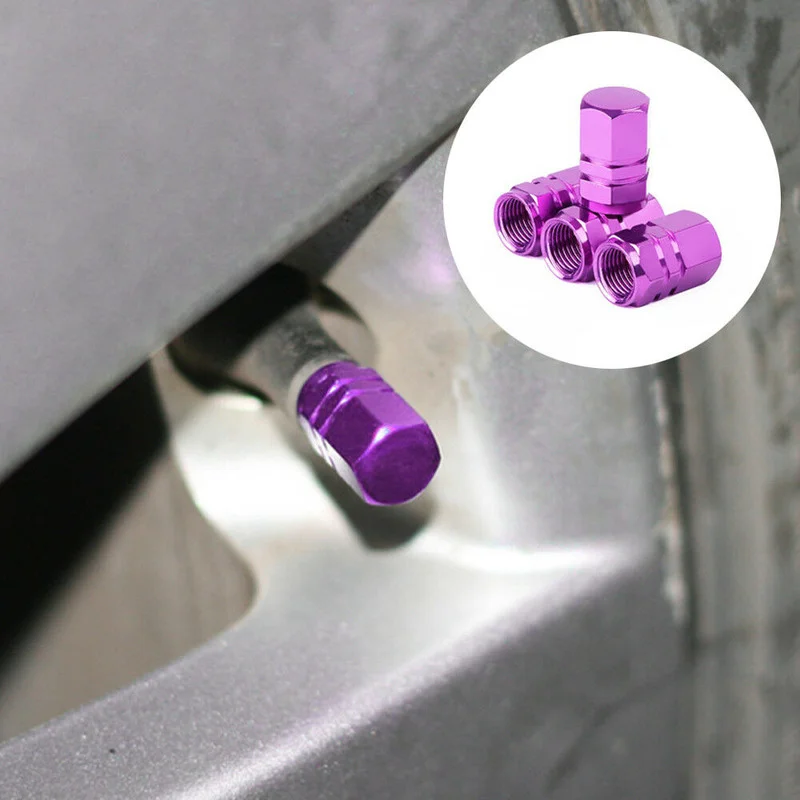 4pcs Purple Chrome Aluminum Nipple Caps Tire Wheel Rims Stem Air Valve Caps Tyre Cover Car Useful Exterior Parts Car Accessories