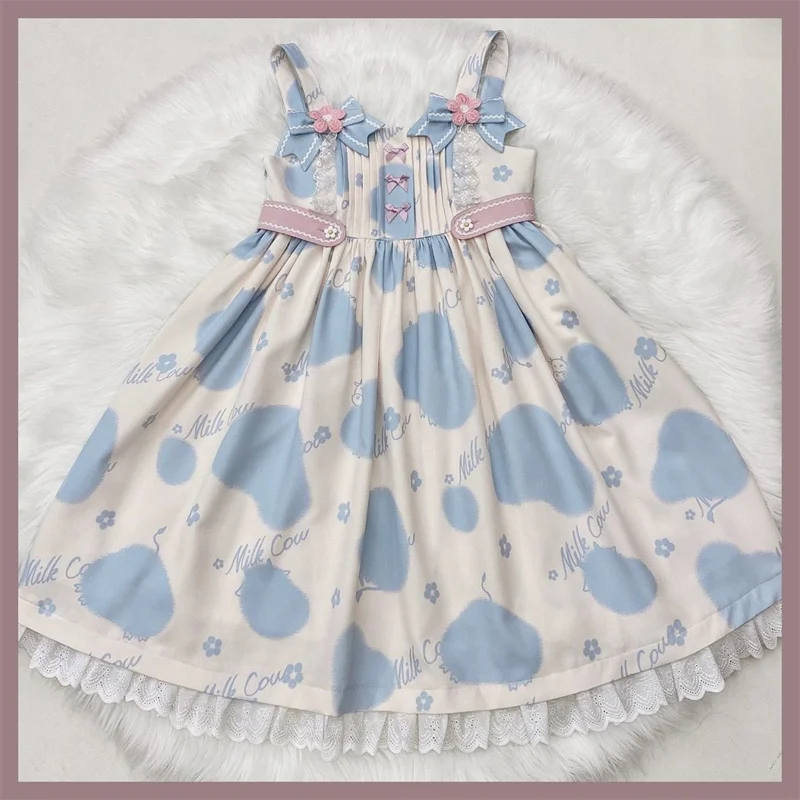 Vestido de chica japonesa Lolita, estampado de leche, cintura alta, bonito lazo de encaje Kawaii, gótico, Lolita, Jsk, Loli, Cosplay, Cos Loli