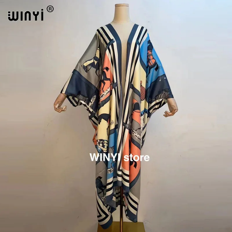 Kimono Dress Kaftan Bikini cover-up swimwear America Women clothes Coat African Floral Printed Front Open Traf Robe Muslim