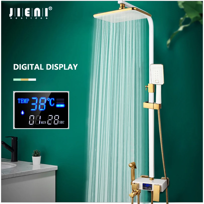 jieni branco led digital conjunto de chuveiro do banheiro fixado na parede termostatica sistema chuveiro quente e fria misturador torneira banho pulverizador quadrado 01