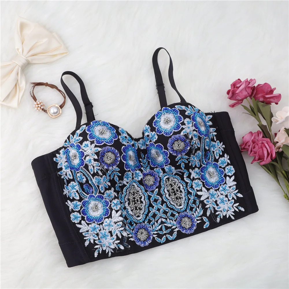 Beaded Embroidered Camisole Women's Stage Performance Underwear Fashion Ins Slim Sexy Bustier Bra Ultra Short Top Y1146